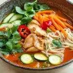 Slow cooker thai red curry noodle soup - the image is a close-up of a bowl of noodles and vegetables. the bowl is made of ceramic and has a dark brown color with a speckled pattern. the noodles are white and appear to be thin and fluffy. on top of the noodles, there are chunks of chicken, sliced cucumbers, carrots, and red chili peppers. there are also some green leaves and cilantro scattered throughout the dish. the dish is garnished with a sprig of fresh cilantro. the background is a wooden table.