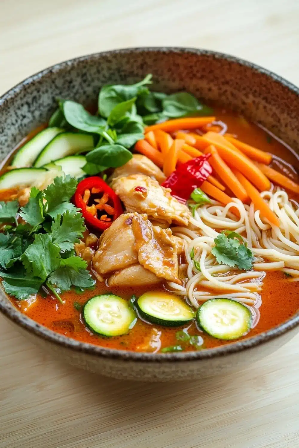 Slow cooker thai red curry noodle soup - the image is a close-up of a bowl of noodles and vegetables. the bowl is made of ceramic and has a dark brown color with a speckled pattern. the noodles are white and appear to be thin and fluffy. on top of the noodles, there are chunks of chicken, sliced cucumbers, carrots, and red chili peppers. there are also some green leaves and cilantro scattered throughout the dish. the dish is garnished with a sprig of fresh cilantro. the background is a wooden table.