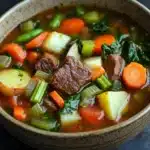 Slow cooker vegetable soup with beef - the image is a close-up of a bowl of soup. the soup appears to be a beef stew with chunks of beef, carrots, celery, and potatoes. the beef is cooked medium-rare and is cut into small cubes. the vegetables are mixed in with the soup, creating a colorful and appetizing appearance. the bowl is made of ceramic and has a dark brown color. the background is a dark grey countertop.