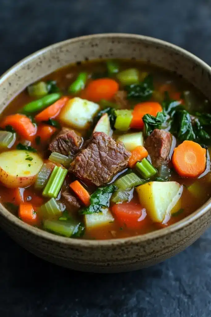 Slow cooker vegetable soup with beef - the image is a close-up of a bowl of soup. the soup appears to be a beef stew with chunks of beef, carrots, celery, and potatoes. the beef is cooked medium-rare and is cut into small cubes. the vegetables are mixed in with the soup, creating a colorful and appetizing appearance. the bowl is made of ceramic and has a dark brown color. the background is a dark grey countertop.