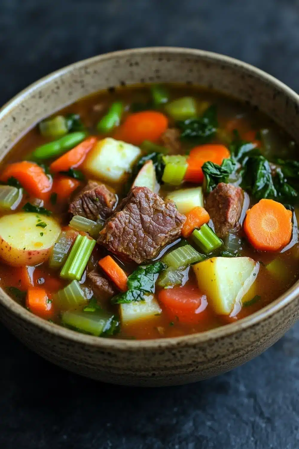 Slow cooker vegetable soup with beef - the image is a close-up of a bowl of soup. the soup appears to be a beef stew with chunks of beef, carrots, celery, and potatoes. the beef is cooked medium-rare and is cut into small cubes. the vegetables are mixed in with the soup, creating a colorful and appetizing appearance. the bowl is made of ceramic and has a dark brown color. the background is a dark grey countertop.