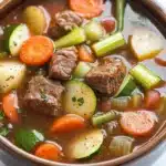 Slow cooker vegetable soup with beef - the image is a close-up of a bowl of soup. the soup appears to be a beef stew with chunks of beef, carrots, celery, and other vegetables mixed in. the beef is cooked medium-rare and has a reddish-brown color. the vegetables are cut into small cubes and are arranged in a circular pattern around the beef. there are also small pieces of potatoes and carrots scattered throughout the soup, as well as some green onions and celery. the broth is thick and thick, and there is a sprinkle of herbs on top. the bowl is made of ceramic and is sitting on a white marble countertop.