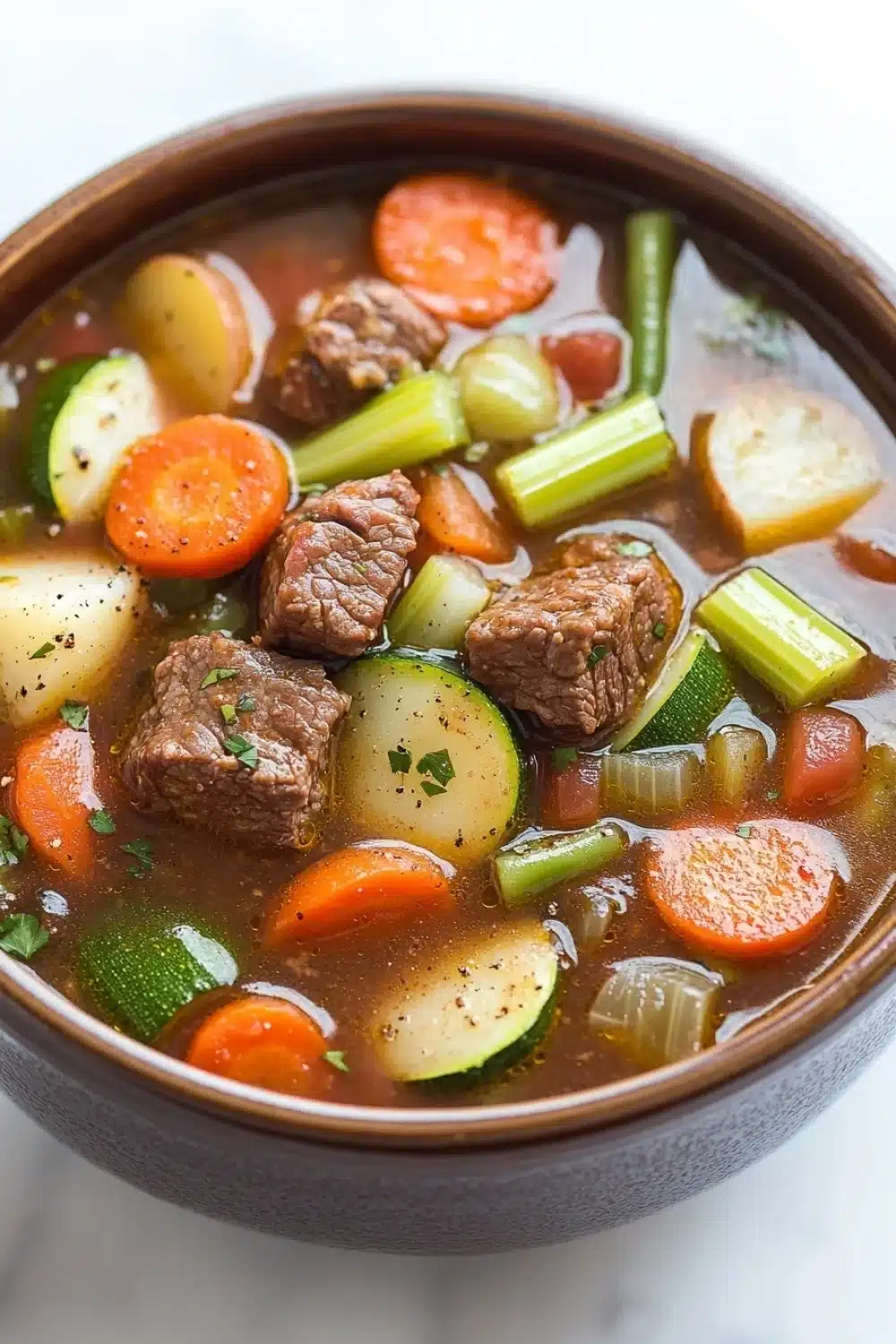 Slow cooker vegetable soup with beef - the image is a close-up of a bowl of soup. the soup appears to be a beef stew with chunks of beef, carrots, celery, and other vegetables mixed in. the beef is cooked medium-rare and has a reddish-brown color. the vegetables are cut into small cubes and are arranged in a circular pattern around the beef. there are also small pieces of potatoes and carrots scattered throughout the soup, as well as some green onions and celery. the broth is thick and thick, and there is a sprinkle of herbs on top. the bowl is made of ceramic and is sitting on a white marble countertop.