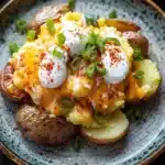Smashed and loaded crispy potatoes - the image shows a plate of food on a wooden table. the plate is round and has a blue and green speckled pattern. on top of the plate, there are two baked potatoes, one with a poached egg on top and the other with a runny yolk. the potatoes are golden brown and appear to be seasoned with herbs and spices. there are also some green onions scattered around the plate. the background is blurred, but it appears to be a kitchen countertop.
