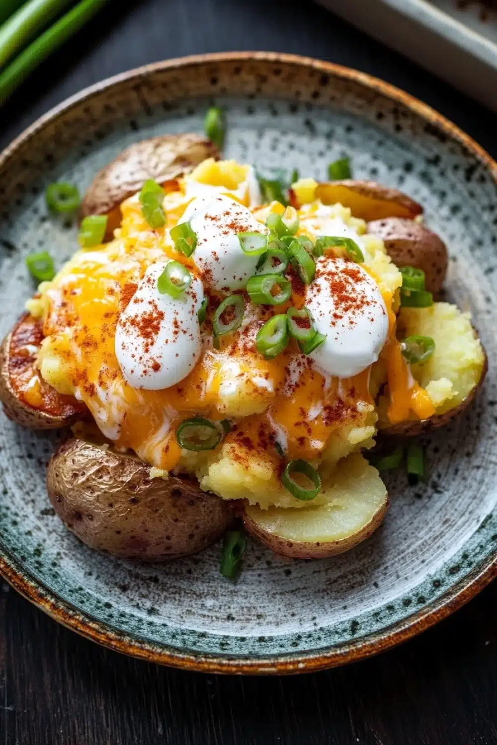 Smashed and loaded crispy potatoes - the image shows a plate of food on a wooden table. the plate is round and has a blue and green speckled pattern. on top of the plate, there are two baked potatoes, one with a poached egg on top and the other with a runny yolk. the potatoes are golden brown and appear to be seasoned with herbs and spices. there are also some green onions scattered around the plate. the background is blurred, but it appears to be a kitchen countertop.