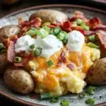 Smashed and loaded crispy potatoes - the image shows a plate of food with a serving of mashed potatoes. the mashed potatoes are golden brown and appear to be freshly baked. on top of the mashed potatoes, there is a dollop of sour cream and chopped green onions. the bacon is crispy and golden brown, and the cheese is melted and oozing out of the sides. the plate is garnished with a sprig of fresh green onions, adding a pop of color to the dish. in the background, there are more potatoes on a wooden table.