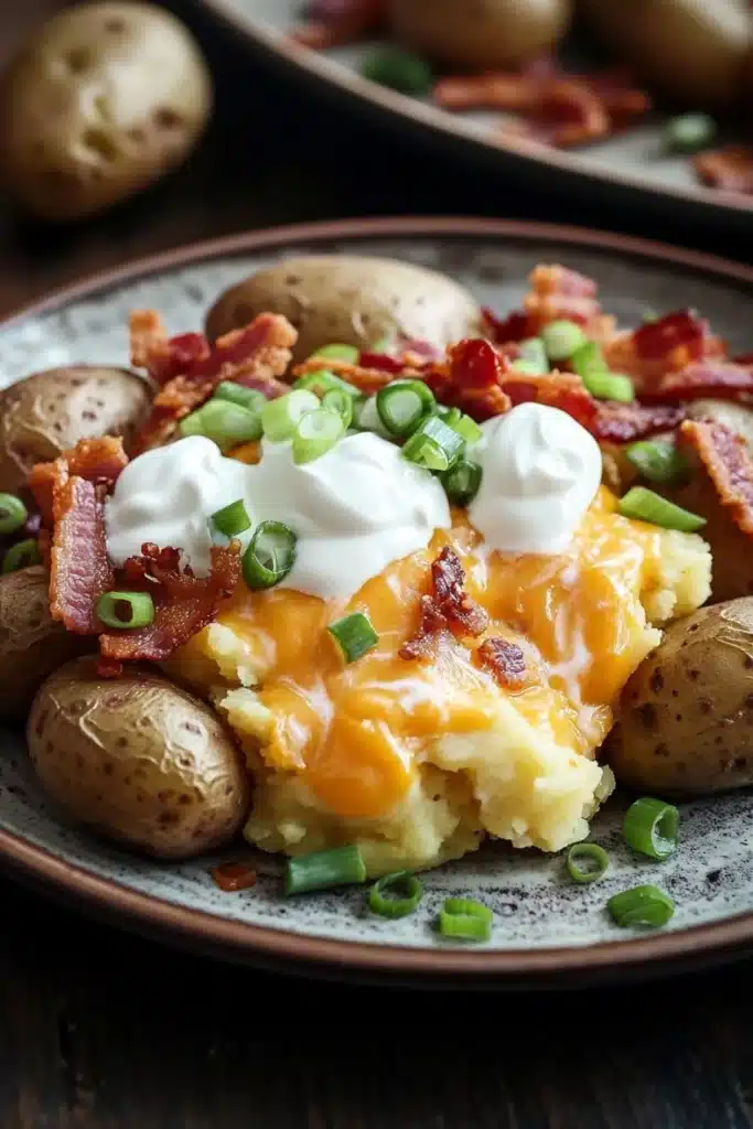Smashed and loaded crispy potatoes - the image shows a plate of food with a serving of mashed potatoes. the mashed potatoes are golden brown and appear to be freshly baked. on top of the mashed potatoes, there is a dollop of sour cream and chopped green onions. the bacon is crispy and golden brown, and the cheese is melted and oozing out of the sides. the plate is garnished with a sprig of fresh green onions, adding a pop of color to the dish. in the background, there are more potatoes on a wooden table.