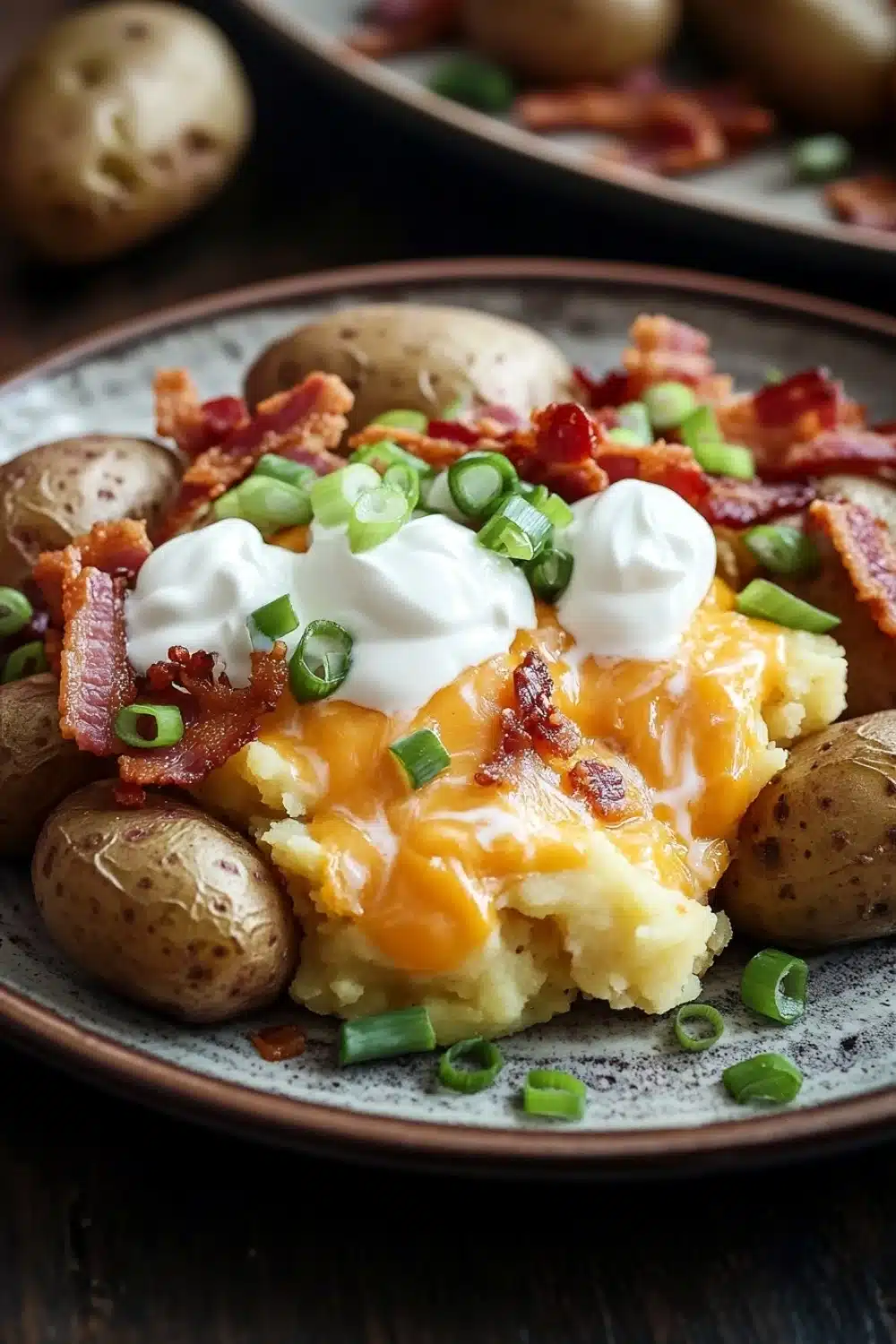 Smashed and loaded crispy potatoes - the image shows a plate of food with a serving of mashed potatoes. the mashed potatoes are golden brown and appear to be freshly baked. on top of the mashed potatoes, there is a dollop of sour cream and chopped green onions. the bacon is crispy and golden brown, and the cheese is melted and oozing out of the sides. the plate is garnished with a sprig of fresh green onions, adding a pop of color to the dish. in the background, there are more potatoes on a wooden table.