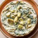Spinach artichoke dip no cheese - the image is a close-up of a round pizza in a brown ceramic dish. the pizza is topped with a creamy white sauce and garnished with artichokes and spinach. the sauce appears to be thick and creamy, and the artichoke pieces are arranged in a circular pattern on top of the sauce. the dish is sitting on a wooden table.