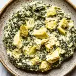 Spinach artichoke dip no cheese - the image is a close-up of a plate of food. the plate is round and has a brown rim with a speckled pattern. on top of the plate, there is a creamy green sauce with artichokes scattered throughout. the sauce appears to be a type of spinach or spinach-based dish. the artichoke pieces are cut into small cubes and are arranged in a circular pattern on the plate. the dish is sitting on a white marble countertop.