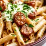 Sticky honey garlic sausage pasta skillet - the image is a close-up of a bowl of pasta dish. the pasta appears to be penne, which is a type of penne pasta. it is cooked al dente and has a golden-brown color. on top of the pasta, there are small chunks of sausage, which are covered in a creamy sauce. the sauce is drizzled over the top with a dollop of white sauce and garnished with fresh parsley. the dish is served in a brown ceramic bowl with a white rim. the background is blurred, but it seems to be a kitchen countertop.