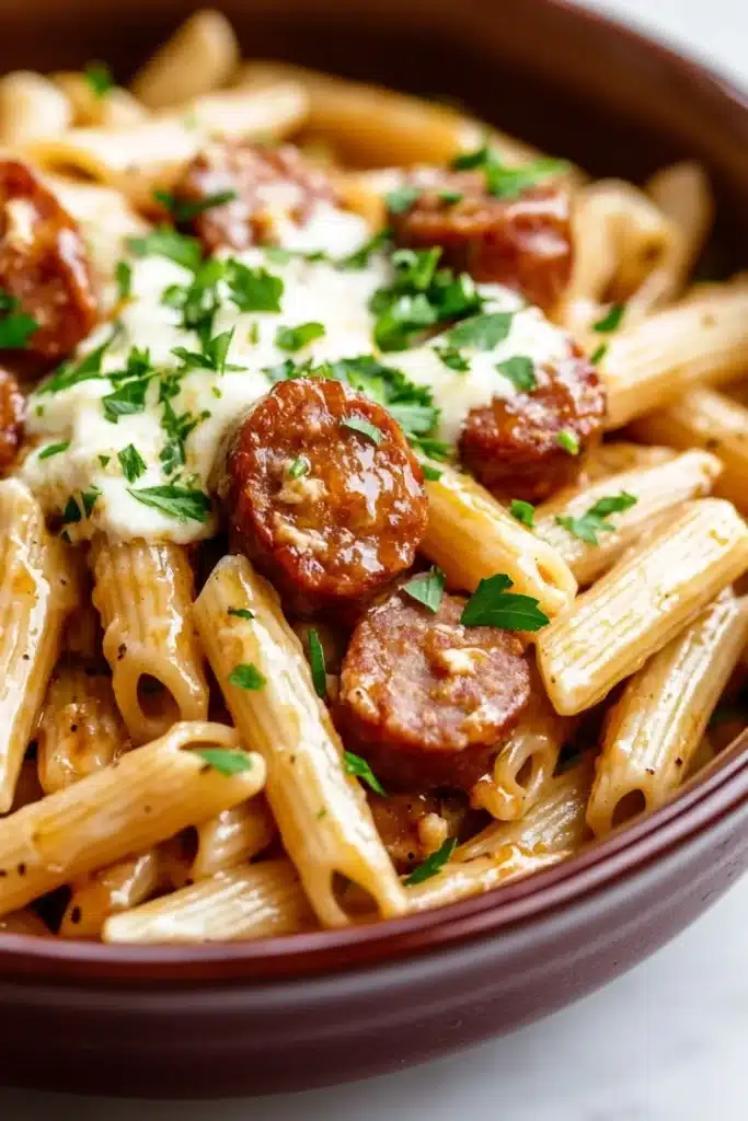 Sticky honey garlic sausage pasta skillet - the image is a close-up of a bowl of pasta dish. the pasta appears to be penne, which is a type of penne pasta. it is cooked al dente and has a golden-brown color. on top of the pasta, there are small chunks of sausage, which are covered in a creamy sauce. the sauce is drizzled over the top with a dollop of white sauce and garnished with fresh parsley. the dish is served in a brown ceramic bowl with a white rim. the background is blurred, but it seems to be a kitchen countertop.