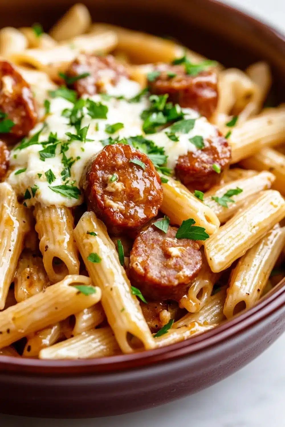 Sticky honey garlic sausage pasta skillet - the image is a close-up of a bowl of pasta dish. the pasta appears to be penne, which is a type of penne pasta. it is cooked al dente and has a golden-brown color. on top of the pasta, there are small chunks of sausage, which are covered in a creamy sauce. the sauce is drizzled over the top with a dollop of white sauce and garnished with fresh parsley. the dish is served in a brown ceramic bowl with a white rim. the background is blurred, but it seems to be a kitchen countertop.