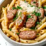 Sticky honey garlic sausage pasta skillet - the image is a close-up of a bowl of pasta dish. the pasta appears to be penne or penne, and it is cooked al dente. on top of the pasta, there are small chunks of sausage, which are covered in a tomato-based sauce. the sauce is drizzled over the top, and there is a sprinkle of grated parmesan cheese on top. the dish is garnished with fresh parsley. the bowl is sitting on a white marble countertop.