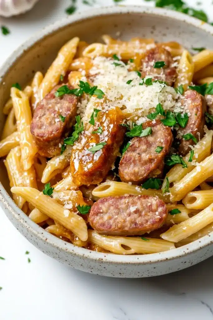 Sticky honey garlic sausage pasta skillet - the image is a close-up of a bowl of pasta dish. the pasta appears to be penne or penne, and it is cooked al dente. on top of the pasta, there are small chunks of sausage, which are covered in a tomato-based sauce. the sauce is drizzled over the top, and there is a sprinkle of grated parmesan cheese on top. the dish is garnished with fresh parsley. the bowl is sitting on a white marble countertop.