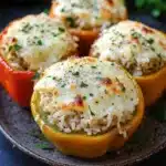 Stuffed bell peppers cheese - the image shows four stuffed bell peppers on a brown plate. the bell peppers are orange in color and have a golden brown crust on top. they are filled with a mixture of rice, cheese, and herbs, and are garnished with chopped parsley. in the background, there are two garlic cloves and a sprig of parsley, adding a pop of green to the dish. the plate is sitting on a dark blue tablecloth.