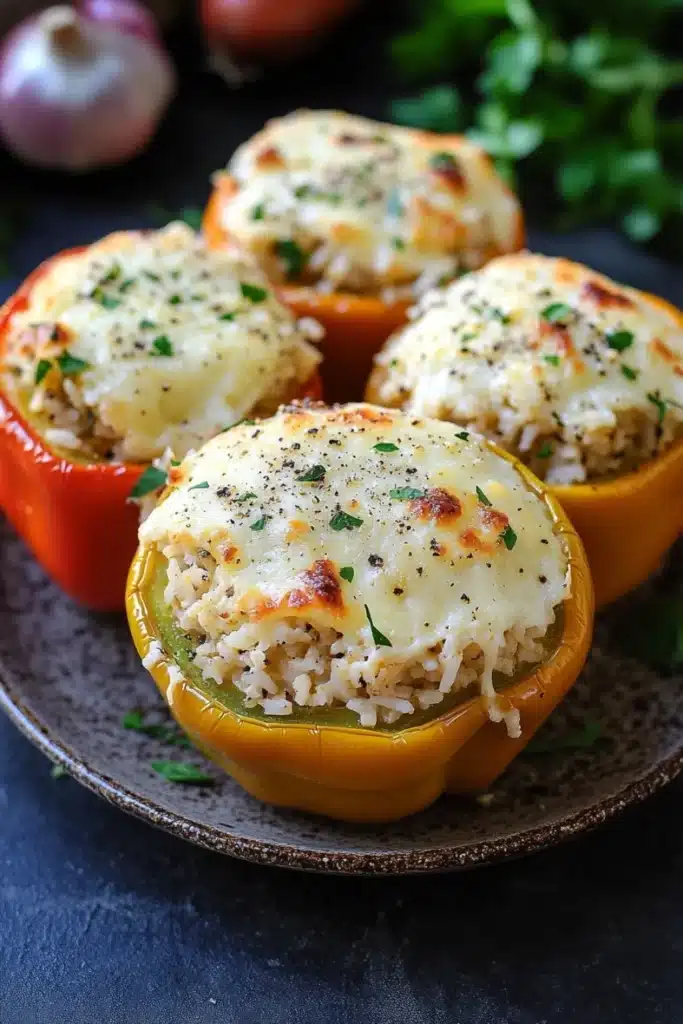 Stuffed bell peppers cheese - the image shows four stuffed bell peppers on a brown plate. the bell peppers are orange in color and have a golden brown crust on top. they are filled with a mixture of rice, cheese, and herbs, and are garnished with chopped parsley. in the background, there are two garlic cloves and a sprig of parsley, adding a pop of green to the dish. the plate is sitting on a dark blue tablecloth.
