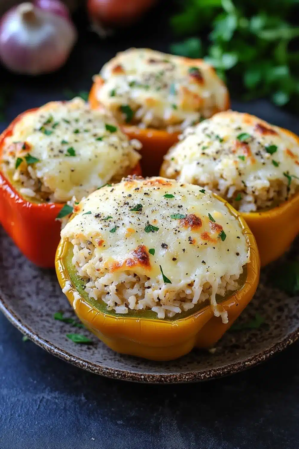 Stuffed bell peppers cheese - the image shows four stuffed bell peppers on a brown plate. the bell peppers are orange in color and have a golden brown crust on top. they are filled with a mixture of rice, cheese, and herbs, and are garnished with chopped parsley. in the background, there are two garlic cloves and a sprig of parsley, adding a pop of green to the dish. the plate is sitting on a dark blue tablecloth.