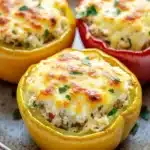 Stuffed bell peppers cheese - the image shows three stuffed bell peppers on a plate. the bell peppers are yellow and red in color and are filled with a mixture of ground meat, cheese, and herbs. the cheese is melted and bubbly, and the herbs are scattered on top. the plate is brown and has a speckled pattern. the background is blurred, but it appears to be a kitchen countertop with a few sprigs of parsley.