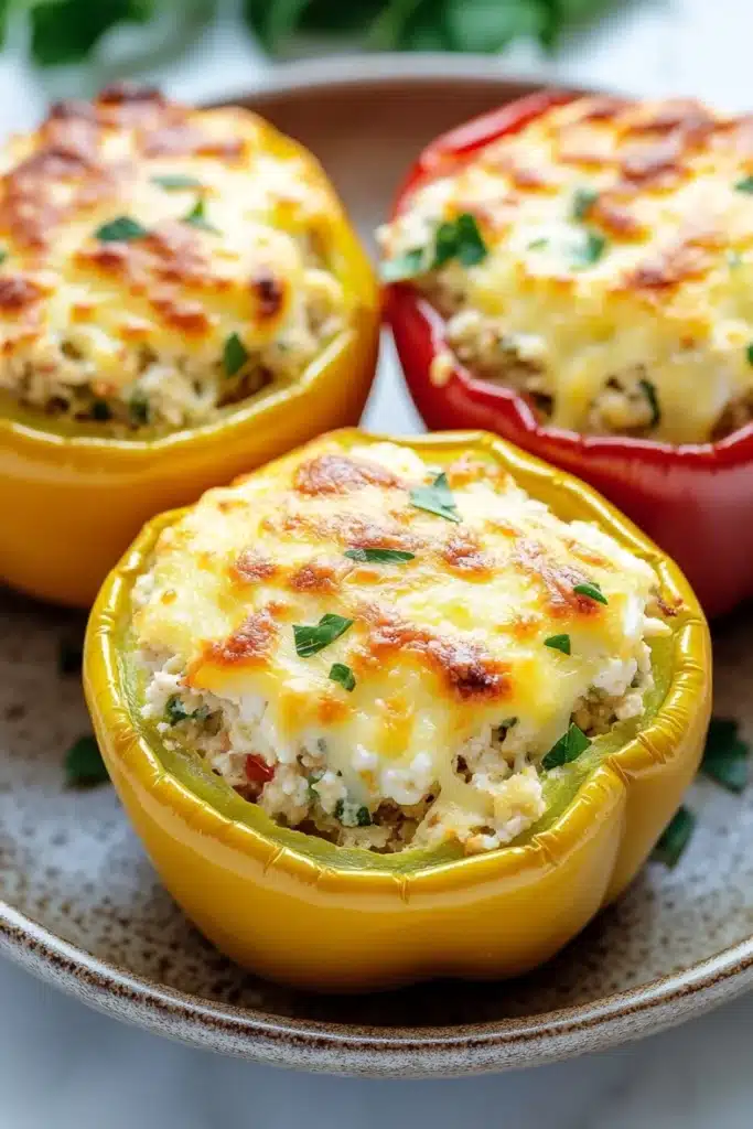 Stuffed bell peppers cheese - the image shows three stuffed bell peppers on a plate. the bell peppers are yellow and red in color and are filled with a mixture of ground meat, cheese, and herbs. the cheese is melted and bubbly, and the herbs are scattered on top. the plate is brown and has a speckled pattern. the background is blurred, but it appears to be a kitchen countertop with a few sprigs of parsley.