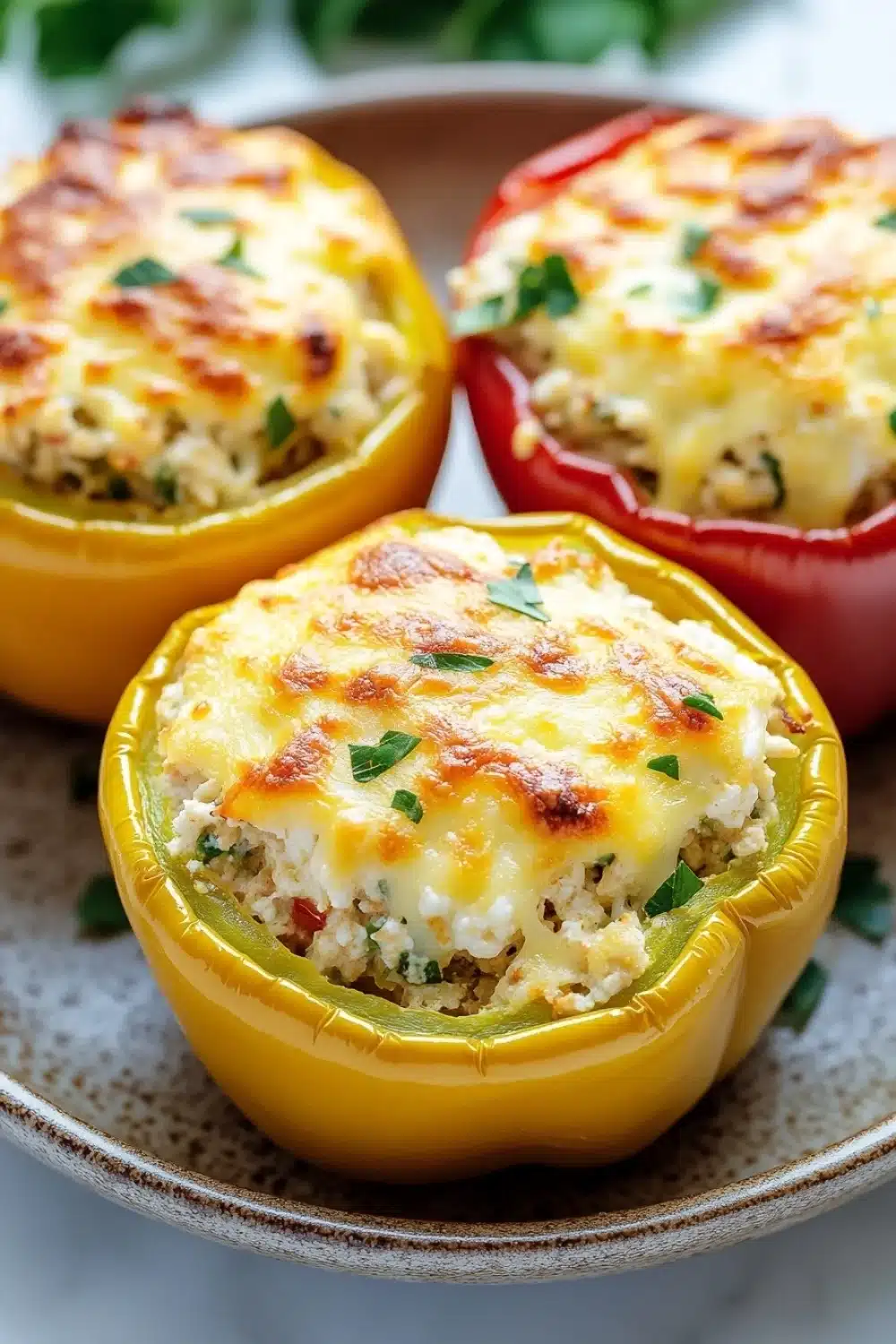 Stuffed bell peppers cheese - the image shows three stuffed bell peppers on a plate. the bell peppers are yellow and red in color and are filled with a mixture of ground meat, cheese, and herbs. the cheese is melted and bubbly, and the herbs are scattered on top. the plate is brown and has a speckled pattern. the background is blurred, but it appears to be a kitchen countertop with a few sprigs of parsley.