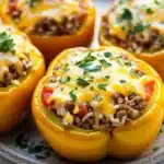 Stuffed bell peppers gluten free - the image shows four yellow bell peppers stuffed with ground beef and cheese. the peppers are arranged on a white plate with a speckled pattern. the top of the peppers are covered in melted cheese and garnished with chopped parsley. the ground beef appears to be cooked and the cheese is melted and bubbly. there are also some red bell peppers scattered throughout the dish. the background is blurred, but it seems to be a kitchen countertop.