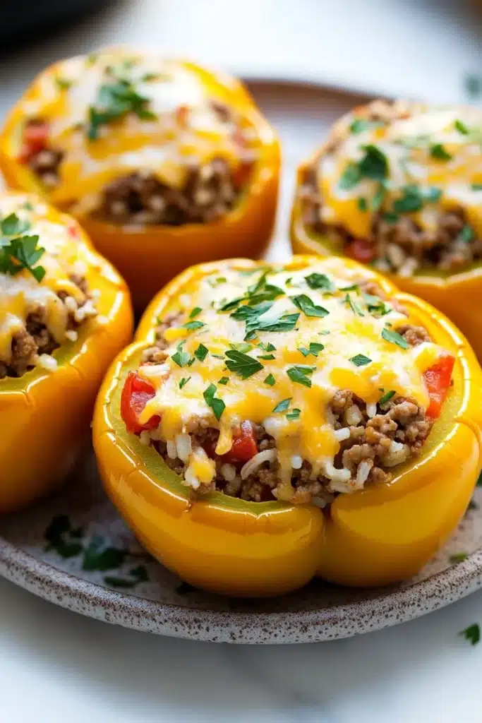 Stuffed bell peppers gluten free - the image shows four yellow bell peppers stuffed with ground beef and cheese. the peppers are arranged on a white plate with a speckled pattern. the top of the peppers are covered in melted cheese and garnished with chopped parsley. the ground beef appears to be cooked and the cheese is melted and bubbly. there are also some red bell peppers scattered throughout the dish. the background is blurred, but it seems to be a kitchen countertop.
