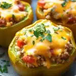 Stuffed bell peppers gluten free - the image shows a plate of stuffed bell peppers. the bell peppers are yellow in color and are filled with a mixture of ground beef, tomato sauce, and cheese. the cheese is melted and bubbly on top, and there are a few sprigs of parsley scattered around the plate. the plate is white and has a blue rim. the background is blurred, but it appears to be a kitchen countertop.