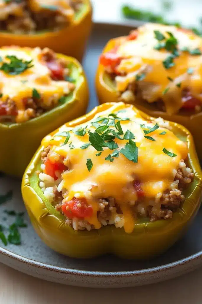 Stuffed bell peppers gluten free - the image shows a plate of stuffed bell peppers. the bell peppers are yellow in color and are filled with a mixture of ground beef, tomato sauce, and cheese. the cheese is melted and bubbly on top, and there are a few sprigs of parsley scattered around the plate. the plate is white and has a blue rim. the background is blurred, but it appears to be a kitchen countertop.
