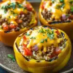 Stuffed bell peppers grilled - the image shows three yellow bell peppers on a brown plate. the bell peppers are stuffed with a mixture of ground beef, rice, and vegetables. the top of the bell peppers is covered in melted cheese and garnished with chopped parsley. the plate is sitting on a dark blue tablecloth.