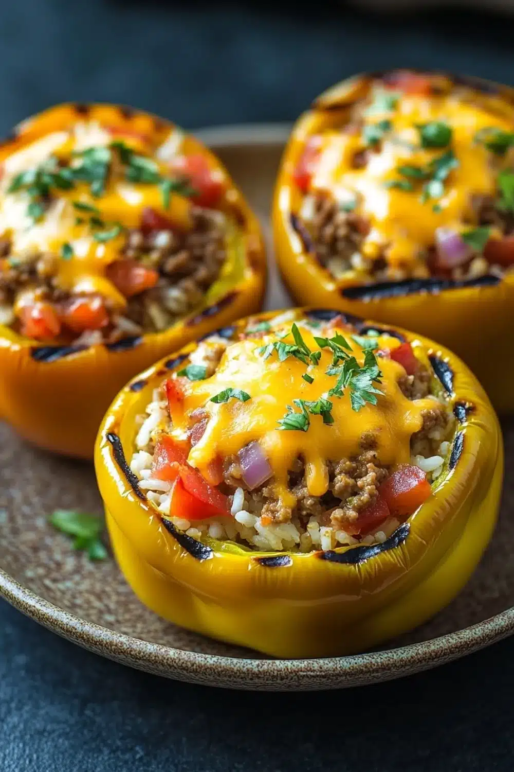 Stuffed bell peppers grilled - the image shows three yellow bell peppers on a brown plate. the bell peppers are stuffed with a mixture of ground beef, rice, and vegetables. the top of the bell peppers is covered in melted cheese and garnished with chopped parsley. the plate is sitting on a dark blue tablecloth.