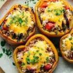 Stuffed bell peppers grilled - the image shows four stuffed bell peppers on a light blue plate. the bell peppers are golden brown and appear to be stuffed with a mixture of ground beef, rice, and vegetables. the top of the bell peppers is covered in melted cheese and garnished with chopped parsley. the plate is sitting on a wooden table with a sprig of parsley scattered around it.