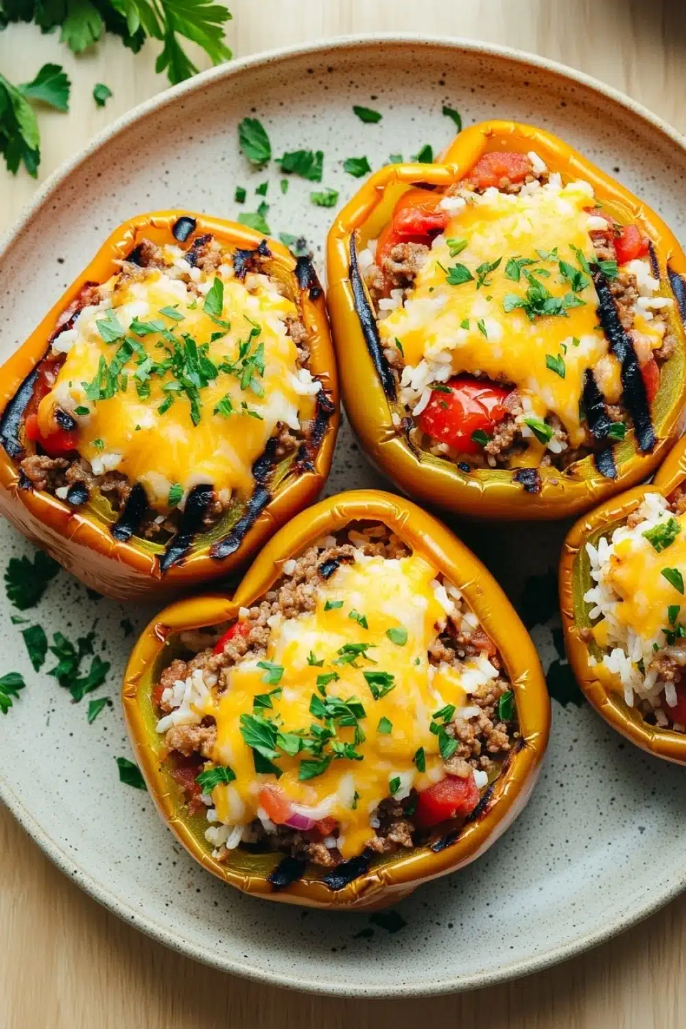 Stuffed bell peppers grilled - the image shows four stuffed bell peppers on a light blue plate. the bell peppers are golden brown and appear to be stuffed with a mixture of ground beef, rice, and vegetables. the top of the bell peppers is covered in melted cheese and garnished with chopped parsley. the plate is sitting on a wooden table with a sprig of parsley scattered around it.