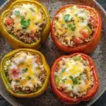 Stuffed bell peppers kids - the image shows four bell peppers arranged in a circular pattern on a gray plate. the peppers are of different colors - yellow, orange, and red - and are filled with a mixture of ground beef, rice, and cheese. the cheese is melted and bubbly on top, and there are a few sprigs of green herbs scattered around the peppers. the plate is sitting on a dark grey countertop.