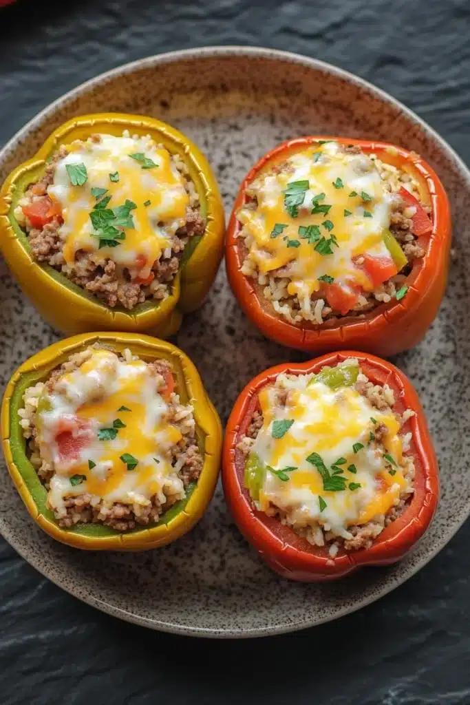 Stuffed bell peppers kids - the image shows four bell peppers arranged in a circular pattern on a gray plate. the peppers are of different colors - yellow, orange, and red - and are filled with a mixture of ground beef, rice, and cheese. the cheese is melted and bubbly on top, and there are a few sprigs of green herbs scattered around the peppers. the plate is sitting on a dark grey countertop.