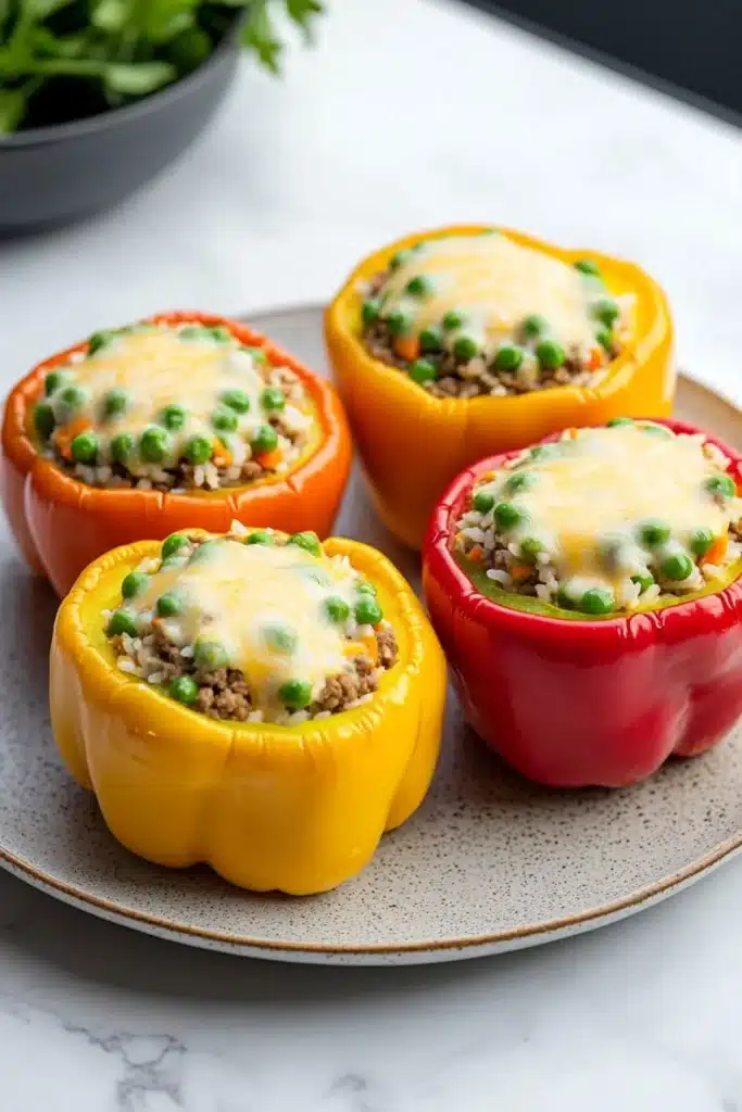 Stuffed bell peppers kids - the image shows four stuffed bell peppers on a white marble plate. the bell peppers are in different colors - orange, yellow, red, and green. each bell pepper is filled with a mixture of ground beef, rice, and peas, and topped with melted cheese. the plate is garnished with a sprig of fresh green herbs. the background is blurred, but it appears to be a kitchen countertop.