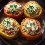 Stuffed bell peppers ricotta - the image shows a plate of stuffed bell peppers. the bell peppers are orange in color and are arranged in a circular pattern on a dark brown plate. each bell pepper is filled with a mixture of quinoa, red bell peppers, and a dollop of feta cheese on top. the quinoa is golden brown and appears to be seasoned with herbs and spices. there are also some sprigs of parsley scattered around the plate, adding a pop of green color to the dish. the background is blurred, but it seems to be a wooden table or countertop.
