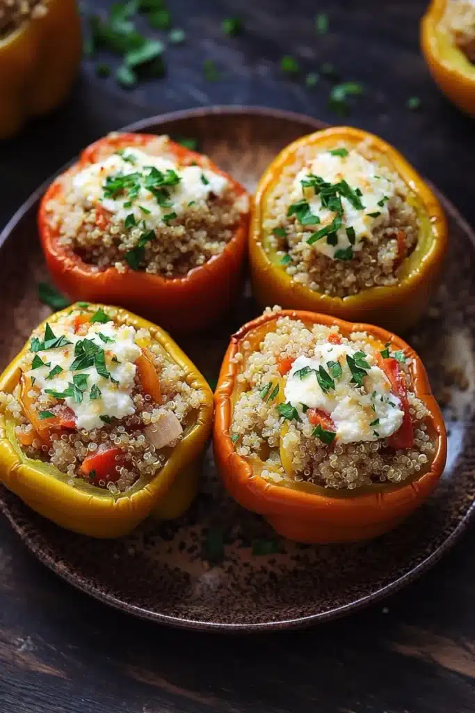 Stuffed bell peppers ricotta - the image shows a plate of stuffed bell peppers. the bell peppers are orange in color and are arranged in a circular pattern on a dark brown plate. each bell pepper is filled with a mixture of quinoa, red bell peppers, and a dollop of feta cheese on top. the quinoa is golden brown and appears to be seasoned with herbs and spices. there are also some sprigs of parsley scattered around the plate, adding a pop of green color to the dish. the background is blurred, but it seems to be a wooden table or countertop.