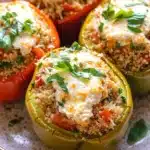 Stuffed bell peppers ricotta - the image shows a plate of stuffed peppers. the peppers are red and green in color and are stuffed with quinoa and cheese. the quinoa is a light brown color and appears to be seasoned with herbs and spices. the cheese is melted and bubbly on top, and there are a few sprigs of fresh basil scattered around the plate. the plate is white with a brown rim and is sitting on a wooden table.