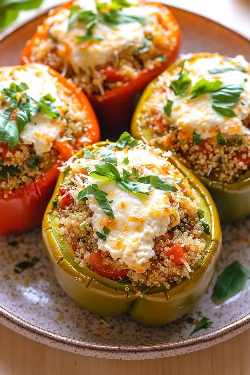Stuffed bell peppers ricotta - the image shows a plate of stuffed peppers. the peppers are red and green in color and are stuffed with quinoa and cheese. the quinoa is a light brown color and appears to be seasoned with herbs and spices. the cheese is melted and bubbly on top, and there are a few sprigs of fresh basil scattered around the plate. the plate is white with a brown rim and is sitting on a wooden table.