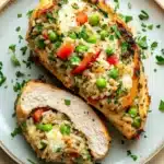 Stuffed chicken breast with rice - the image shows a plate with a stuffed chicken breast on it. the chicken breast is cut in half and is filled with a mixture of rice, peas, red bell peppers, and other vegetables. the rice appears to be cooked and has a golden brown color. the plate is garnished with chopped parsley. the background is a light beige color.