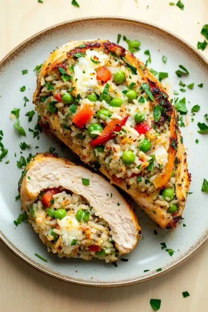 Stuffed chicken breast with rice - the image shows a plate with a stuffed chicken breast on it. the chicken breast is cut in half and is filled with a mixture of rice, peas, red bell peppers, and other vegetables. the rice appears to be cooked and has a golden brown color. the plate is garnished with chopped parsley. the background is a light beige color.