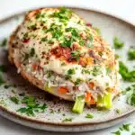 Stuffed chicken breast with rice - the image shows a plate of food with a piece of breaded chicken on it. the chicken is golden brown and appears to be seasoned with herbs and spices. the rice is white and fluffy, and there are chunks of carrots and celery scattered throughout the dish. the plate is garnished with a sprig of fresh parsley. the background is a plain white surface.
