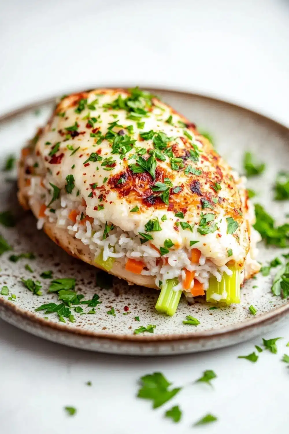 Stuffed chicken breast with rice - the image shows a plate of food with a piece of breaded chicken on it. the chicken is golden brown and appears to be seasoned with herbs and spices. the rice is white and fluffy, and there are chunks of carrots and celery scattered throughout the dish. the plate is garnished with a sprig of fresh parsley. the background is a plain white surface.