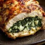 Stuffed chicken breast with spinach - the image shows a close-up of a piece of cooked chicken breast on a black plate. the chicken breast is golden brown and appears to be seasoned with herbs and spices. it is cut in half, revealing the filling inside. the filling is a mix of green spinach and white cheese, which is visible through the layers of the chicken. the plate is sitting on a wooden table with a blurred background.
