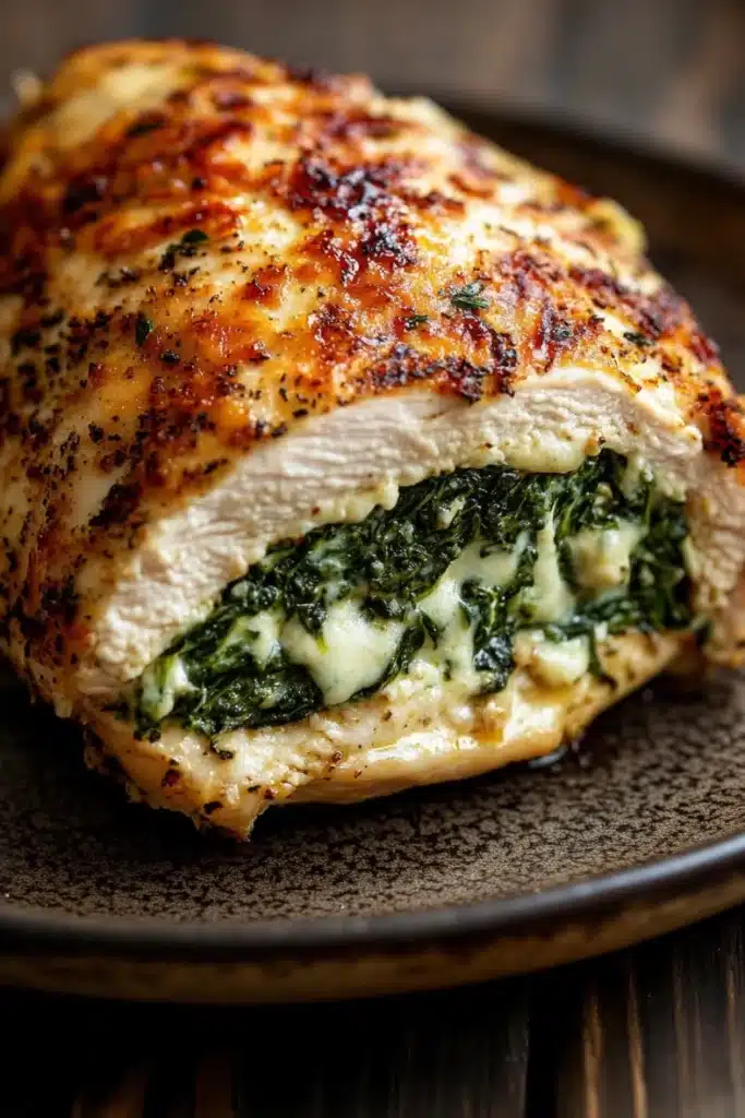 Stuffed chicken breast with spinach - the image shows a close-up of a piece of cooked chicken breast on a black plate. the chicken breast is golden brown and appears to be seasoned with herbs and spices. it is cut in half, revealing the filling inside. the filling is a mix of green spinach and white cheese, which is visible through the layers of the chicken. the plate is sitting on a wooden table with a blurred background.