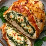 Stuffed chicken breast with spinach - the image shows a plate with two pieces of stuffed chicken breasts. the chicken breasts are golden brown and appear to be stuffed with a mixture of spinach and cheese. the cheese is melted and bubbly on top, and there are small bits of herbs scattered around the plate. the plate is garnished with fresh spinach leaves. the background is a white marble countertop.