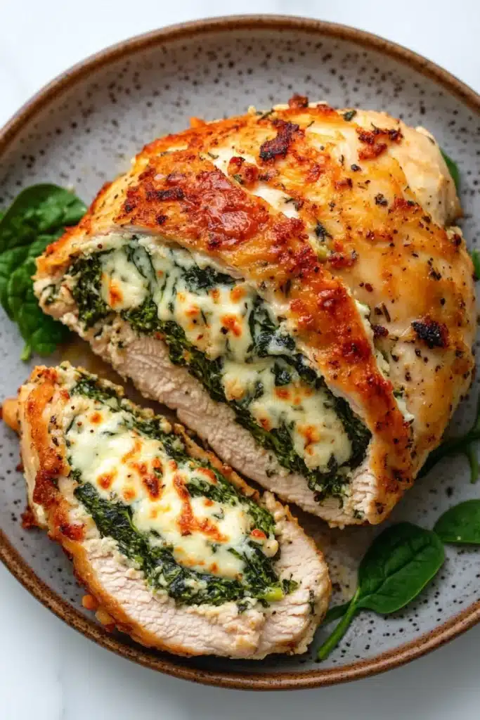 Stuffed chicken breast with spinach - the image shows a plate with two pieces of stuffed chicken breasts. the chicken breasts are golden brown and appear to be stuffed with a mixture of spinach and cheese. the cheese is melted and bubbly on top, and there are small bits of herbs scattered around the plate. the plate is garnished with fresh spinach leaves. the background is a white marble countertop.