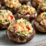 Stuffed mushrooms with crabmeat - the image shows a plate of stuffed mushrooms. the mushrooms are dark brown in color and have a slightly wrinkled texture. they are arranged in a circular pattern on the plate, with some overlapping each other. on top of the mushrooms, there is a mixture of diced red and green bell peppers, green onions, and crumbled cheese. the cheese appears to be seasoned with herbs and spices. the plate is sitting on a wooden table.