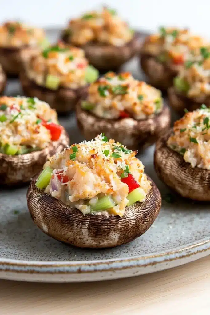 Stuffed mushrooms with crabmeat - the image shows a plate of stuffed mushrooms. the mushrooms are dark brown in color and have a slightly wrinkled texture. they are arranged in a circular pattern on the plate, with some overlapping each other. on top of the mushrooms, there is a mixture of diced red and green bell peppers, green onions, and crumbled cheese. the cheese appears to be seasoned with herbs and spices. the plate is sitting on a wooden table.